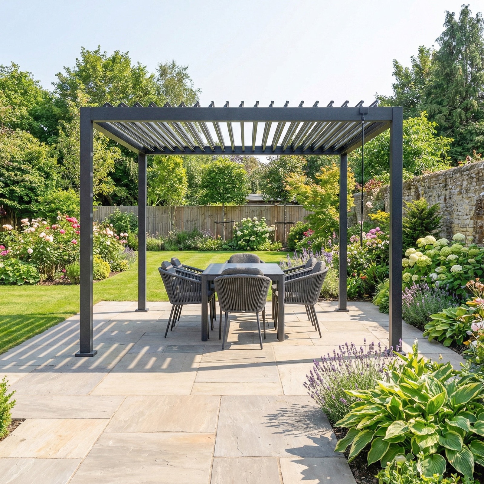 Realizovaná samostatná černá hliníková pergola 3 × 3 m s lamelovou střechou